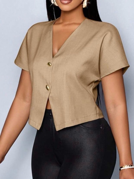 SHEIN Tops - Women’s Tan Short Sleeve V-Neck Button Front Top